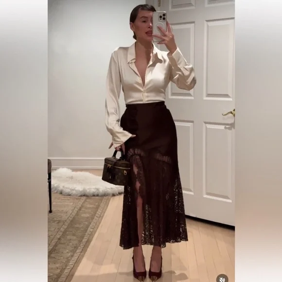 ZARA SATIN EFFECT LACE SKIRT ZW COLLECTION BROWN SMALL - Picture 9 of 11